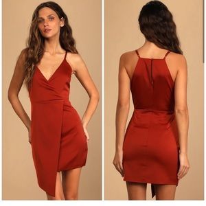 Lulus Satin What a Stunner Asymmetrical Orange Rust Mini Wrap Dress